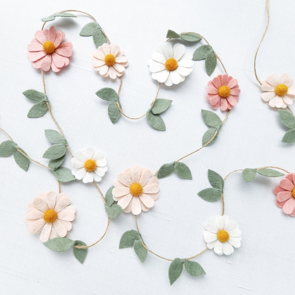 Wool Felt Daisy Chain Garland- Blush Pink, Ivory and Wheat- Two Groovy/ Wild One Party Accessories- Woodland Party Decor- Daisy Wall Decor