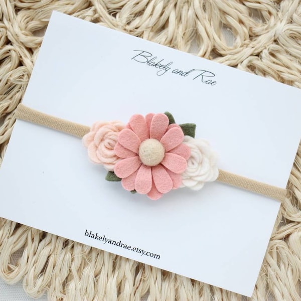 Mini Daisy and Rose in Ivory and Blush  Headband-Wildflower Felt Flower Bouquet Headband Headband-Baby Girl Headband-Baby Headbands