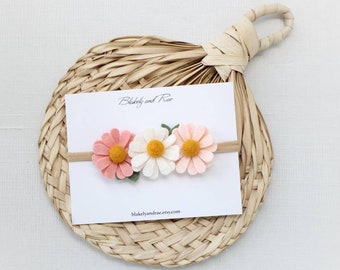 Daisy Baby Headband: Blush Pink, Ivory, Wheat Trio on Beige Nylon