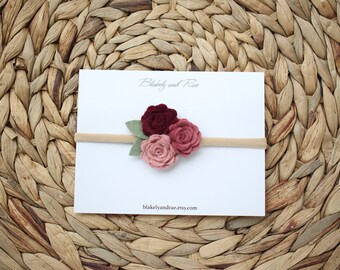 Felt Flower Headband - A Bouquet of Roses Mauve Pinks and Wine - Baby Headband , Newborn Baby to Adult