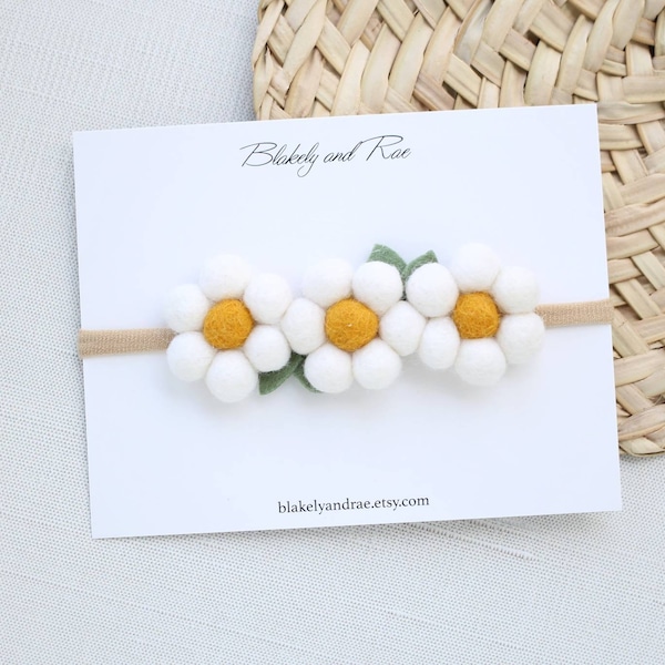 Two Groovy Headband- Boho Pom Daisy Headband in White and Mustard- Wild One Pom Daisy and Felt Bow  - Newborn Baby to Adult- Retro Daisy