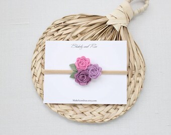 Baby Headband -Felt Flower Headband - Rose Bouquet in Pink-Violet and Purples- Newborn Baby. Toddler. Teen. Adult