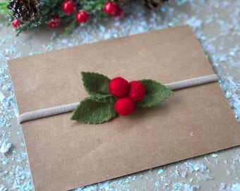Red Holly Berry Christmas Headband or Hair Clip- Felt Berry Headband- Christmas Headband - Holiday Accessories- Baby Christmas Headband