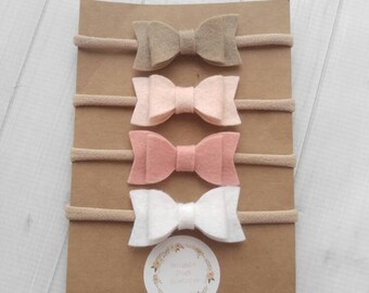 Set of 4 Mini Chunky Wool Felt Bow Headbands- Blush Pink, Latte, White, Wheat- Nylon Headbands-Baby Shower Gift-Baby Headband Starter Pack