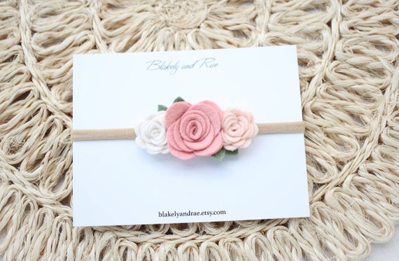 Wool Felt Flower Headband - Trio of Roses in Blush Pink  display picture 3