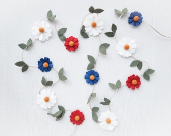 4th Of July Wool Felt Daisy Chain Garland- Red, White and Blue - Two Groovy/ Wild One Party Accessories- Woodland Party Wall Decor