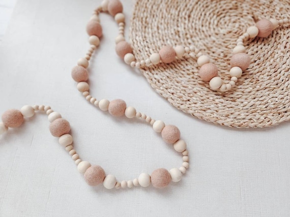 Boho Felt Pom and Wooden Bead Garland Decor | Pick your Color| Farmhouse Garland | Bead Garlands | Fall | Winter| Christmas Tree Decorations