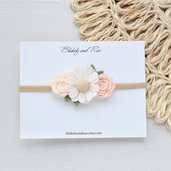 Mini Daisy and Rose in Ivory and Wheat  Headband-Wildflower Felt Flower Bouquet Headband Headband-Baby Girl Headband-Baby Headbands