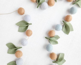 Pom Garland- Sky Blue and Taupe Pom and Wool Felt Leaf Garland- Country Decor, Rustic Room Decor, Leaf Wall Hanging,  Pom/Ball Decorations