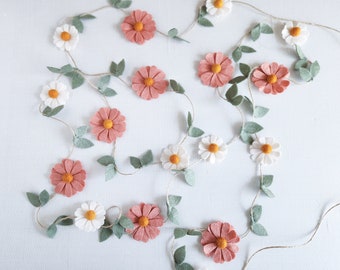 Wool Felt Daisy Chain Garland- Pink Grapefruit and Ivory- Two Groovy/ Boho Party Accessories- Woodland Party Decor- Daisy Wall Decor