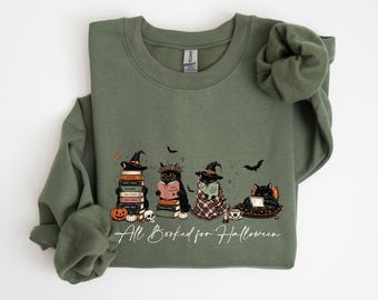 All Booked for Halloween Sweatshirt, Spooky Book Lover Sweater, Witchy Cat Reader Crewneck, Halloween Reading Shirt