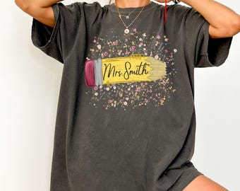 Personalized Teacher Comfort Colors Shirt, Custom Name Pencil Tee, Teacher Appreciation Gift, Back to School Teacher Tee