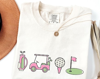 Cute Golf Comfort Colors Shirt for Women, Girly Golf Tee, Golf Lover Gift, Golf Mom Shirt, Pink Golf Cart Flag Design, Funny Golf Outfit
