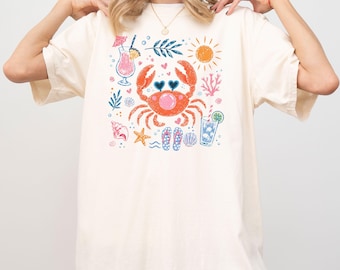 Crab Blowing Bubble Comfort Colors Shirt, Cute Beach Graphic Tee, Coastal Summer Crab Tee, Preppy Ocean Vacation Shirt for Women