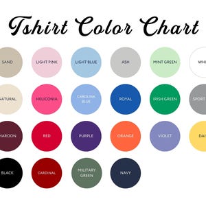 Puede incluir: Una carta de colores para camisetas, con una variedad de colores en muestras circulares. La carta incluye colores como arena, rosa claro, azul claro, ceniza, verde menta, blanco, natural, heliconia, azul carolina, real, verde irland&eacute;s, gris deportivo, granate, rojo, morado, naranja, violeta, margarita, negro, cardenal, verde militar y marino.