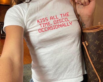 Kiss All The Time Disco Occasionally Baby Tee, Funny Disco Slogan Shirt, Retro Music Quote Tee, Harry Album Merch Baby Tee
