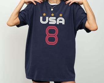 Custom USA Soccer Shirt Personalized Number Tee, American Flag Football Jersey Style Comfort Colors Shirt, USA Fan Gift Custom Soccer Tee