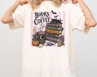 Books and Coffee Comfort Colors Shirt, Halloween Book Lover Tee, Witchy Coffee Shirt, Black Cat Reader Gift, Cozy Spooky Tee