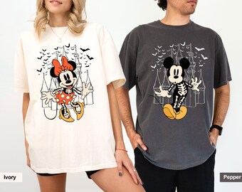 Mickey Skeleton Comfort Colors Shirt, Minnie Halloween Shirt, Disney Couple Halloween Tee, Mickey and Minnie Matching Spooky Castle Tee