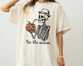 Tis The Season Skeleton Comfort Colors Shirt, Halloween Pumpkin Shirt, Spooky Season Tee, Funny Skeleton Graphic Tee, Fall Halloween Shirt