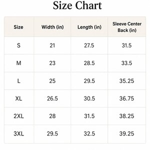 K&ouml;nnte beinhalten: Gr&ouml;&szlig;entabelle f&uuml;r Comfort Colors Sweatshirts. Die Tabelle zeigt die Gr&ouml;&szlig;en S bis 3XL mit Ma&szlig;en in Zoll f&uuml;r Breite, L&auml;nge und &Auml;rmelmitte hinten. Der Text besagt, dass alle Ma&szlig;e in Zoll sind und leichte Abweichungen auftreten k&ouml;nnen.