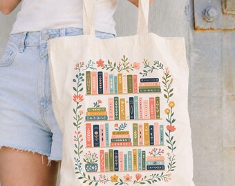Floral Bookshelf Tote Bag, Book Lover Gift, Bookish Library Bag, Reader Tote, Librarian Gift, Cute Book Tote for Women