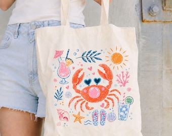 Crab Blowing Bubble Tote Bag, Cute Beach Tote, Coastal Summer Bag, Preppy Beach Bag, Seaside Vacation Gift for Women