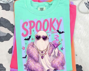 Spooky Ghost Comfort Colors Shirt, Girly Halloween Tee, Cute Ghost Martini Shirt, Coquette Spooky Season Tee, Funny Halloween Shirt