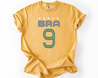 Custom Brazil Soccer Shirt BRA Number Tee, Personalized Brazilian Football Jersey Style Comfort Colors Shirt, Brazil Fan Gift Custom Number