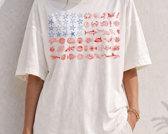Patriotic Ocean Comfort Colors Shirt, Coastal American Flag Tee, Marine Life Beach Shirt, 4th of July Sea Creature Graphic Tee