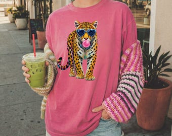 Colorful Leopard Comfort Colors T Shirt, Cool Cheetah Graphic Tee, Bubble Gum Animal Shirt, Funny Wild Cat Art Tee, Trendy Safari Top