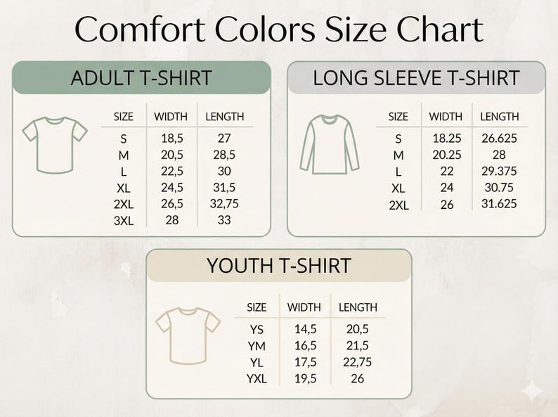 Peut inclure: Un tableau des tailles pour les t-shirts Comfort Colors, comprenant les tailles adultes, manches longues et jeunes. Le tableau affiche les tailles, les largeurs en cm et les longueurs en cm pour chaque style de chemise. Le texte "Comfort Colors Size Chart" est en haut.