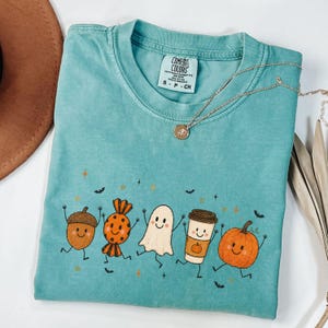 Cute Halloween Friends Comfort Colors Shirt, Spooky Season Shirt with Pumpkin Ghost and Coffee, Fall Lover Outfit, Funny Autumn T-Shirt