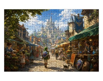 May include: A jigsaw puzzle depicting a bustling medieval marketplace scene with a central figure wearing a green tunic and carrying a blue shield. The background features a large stone castle under a blue sky, with various market stalls and people.