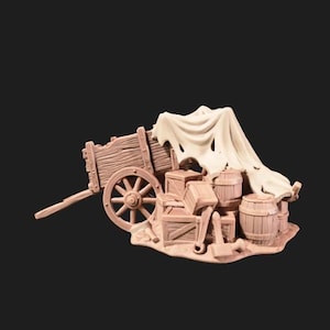 May include: A miniature tabletop gaming terrain piece featuring a wooden cart with a draped cloth cover, surrounded by stacked wooden crates, barrels, and scattered tools. The entire structure is rendered in a light brown, unpainted resin material.