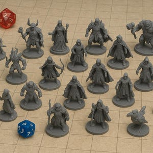 May include: A collection of gray miniature figurines, including fantasy characters and creatures, arranged on a grid-patterned surface. Several multi-sided dice in red, blue, and green are scattered among the figures. The figurines depict warriors, wizards, and monsters.