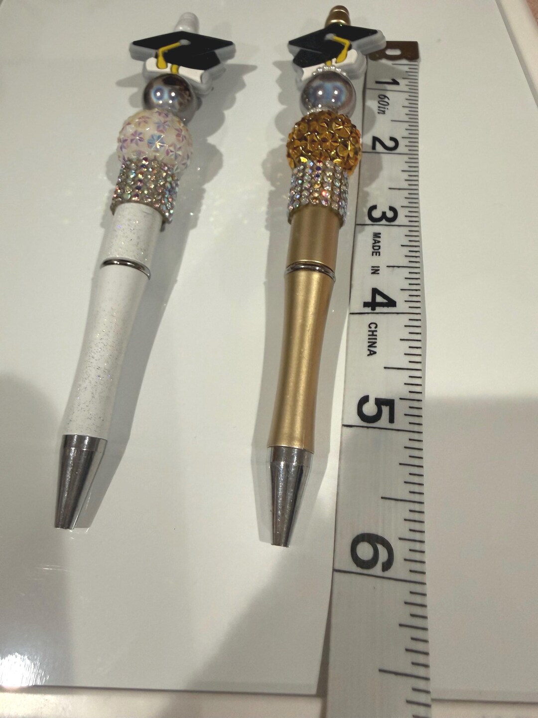 Set 2 Beaded Graduation Pens: Refillable Gold White Design - Etsy