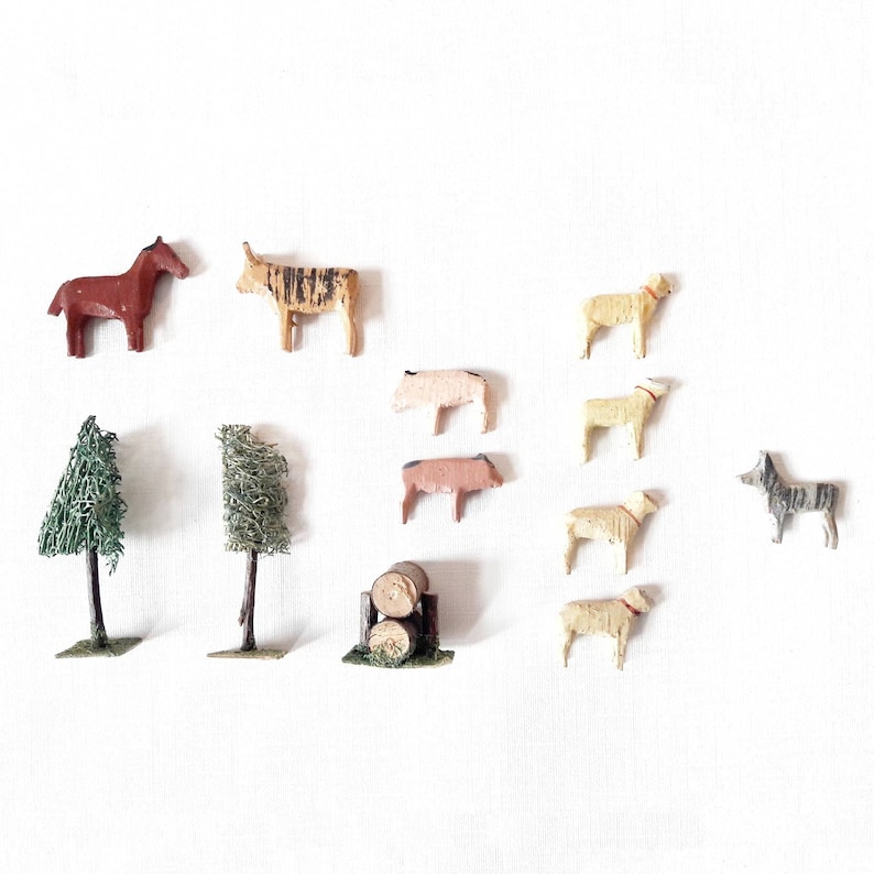 Vintage Farm Animals Made of Wood Lot of 12 Tiny Size