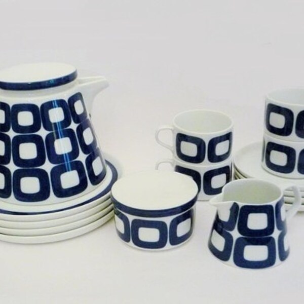 Vintage Melitta Tea Set White and Blue Squares Seventies