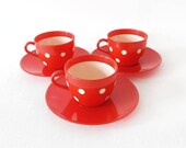Mid Century Play Set Cups and Saucers with Polka Dots Lot of 3