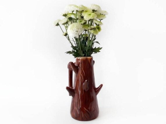 Vintage Pottery Vase With Handle Tree Shaped Jug In Brown Etsy