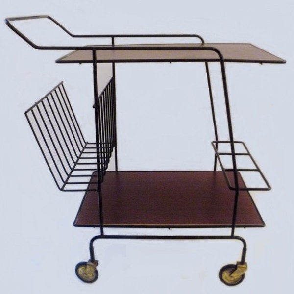 Vintage Serving Cart and Magazines Rack Holder Faux Bois and Metal