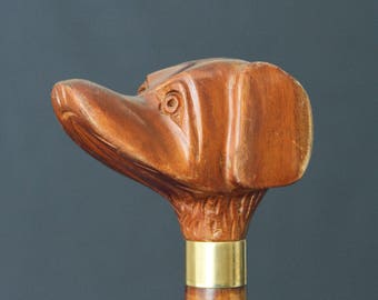 Antique Walking Stick Cane Dog Head - Carved Wood Dog Cane