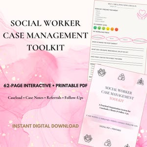 Puede incluir: Un kit de herramientas de gestión de casos para trabajadores sociales, documento PDF interactivo e imprimible de 62 páginas. Las páginas incluyen texto como Social Worker Case Management Toolkit, Self-Care & Wellness Check-In.