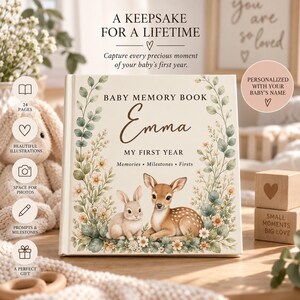 Personalized Baby Memory Book | Baby First Year Book | Woodland Keepsake Book