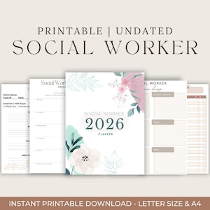 Puede incluir: Un conjunto de planificadores de Trabajador Social imprimibles y sin fecha. La portada del planificador de 2026 presenta diseños florales en rosa y verde azulado. Las páginas incluyen secciones para información del cliente, horarios semanales y notas. El texto incluye "Imprimible", "Sin fecha" y "Trabajador Social".