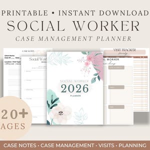 May include: A printable 2026 social worker case management planner with 120+ pages. The cover features floral illustrations in pink and teal with the text Social Worker 2026 Planner. Interior pages include case notes, visit trackers, and weekly layouts.