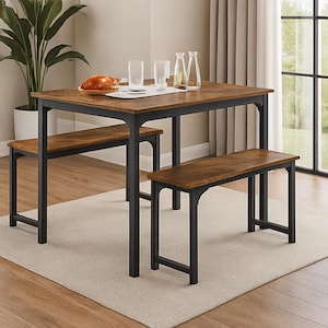 Industrial Dining Table Set for 4 with Benches – Space-Saving Kitchen & Breakfast Nook Table