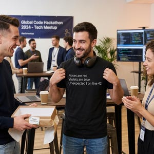 May include: A black t-shirt with the text "Roses are red, Violets are blue, Unexpected { on line 42" in white. The image shows a group of people at a tech meetup, with a banner in the background.