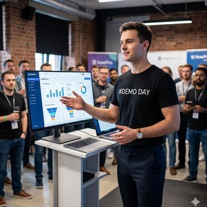 Puede incluir: Un hombre con una camiseta negra con el texto "#DEMO DAY" habla frente a una multitud. Está de pie en un podio con un monitor de computadora que muestra gráficos. Una computadora portátil y un teclado están en el podio. El fondo incluye una pared de ladrillos y personas.